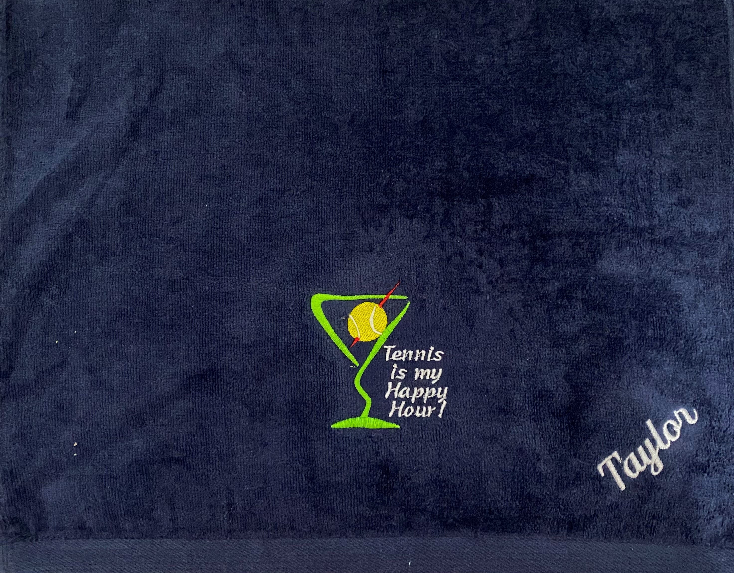 Custom Embroidered Tennis Towel – “Tennis Is My Happy Hour” Gift for Tennis Players