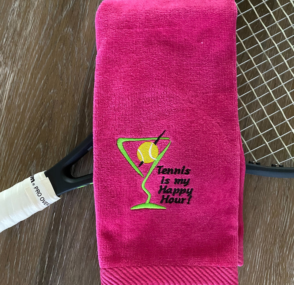 Custom Embroidered Tennis Towel – “Tennis Is My Happy Hour” Gift for Tennis Players