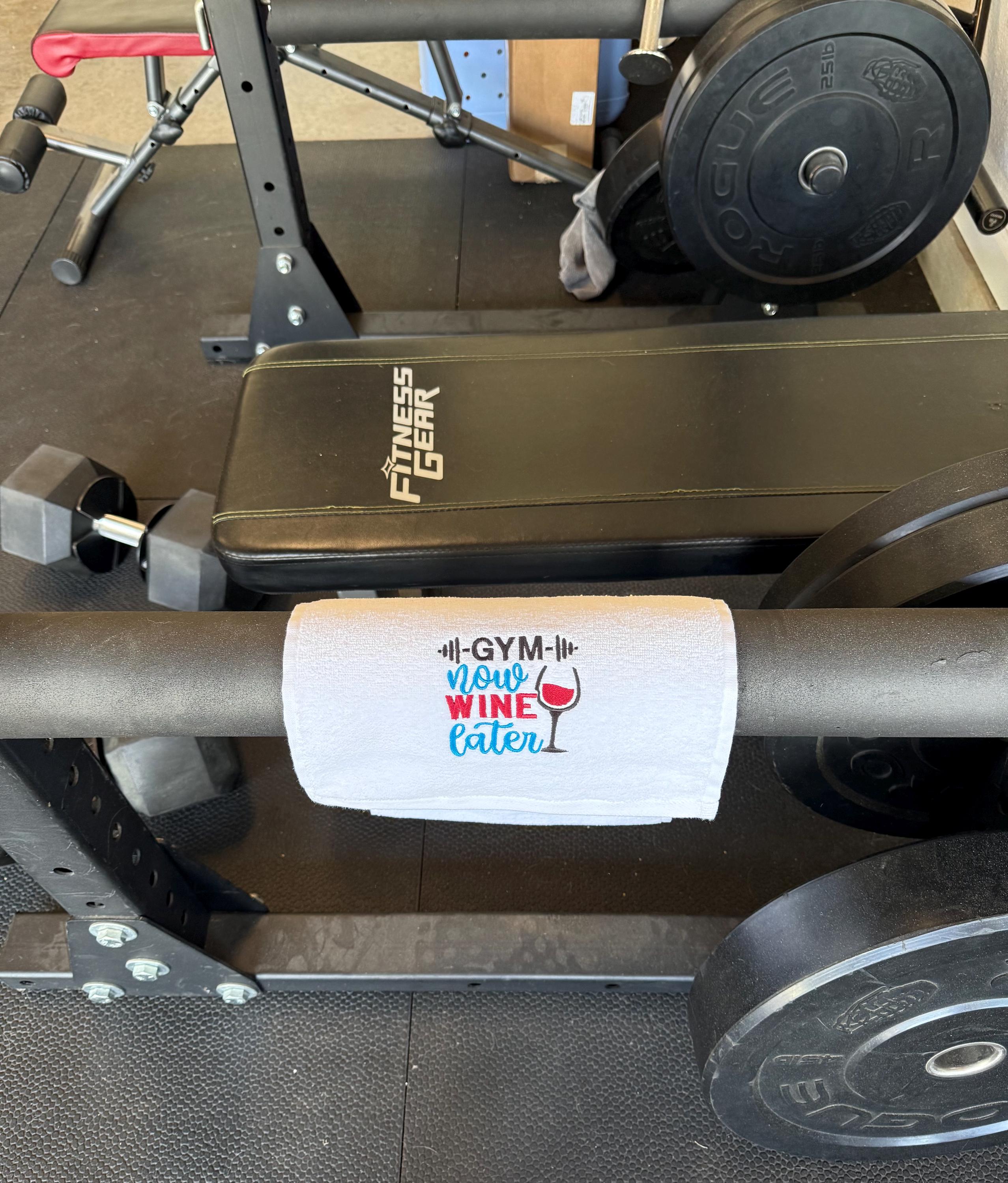 Embroidered Workout Gym Towel - Custom Fitness Towel -Gym Now, Wine later