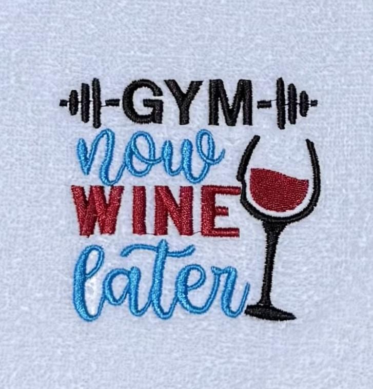 Embroidered Workout Gym Towel - Custom Fitness Towel -Gym Now, Wine later