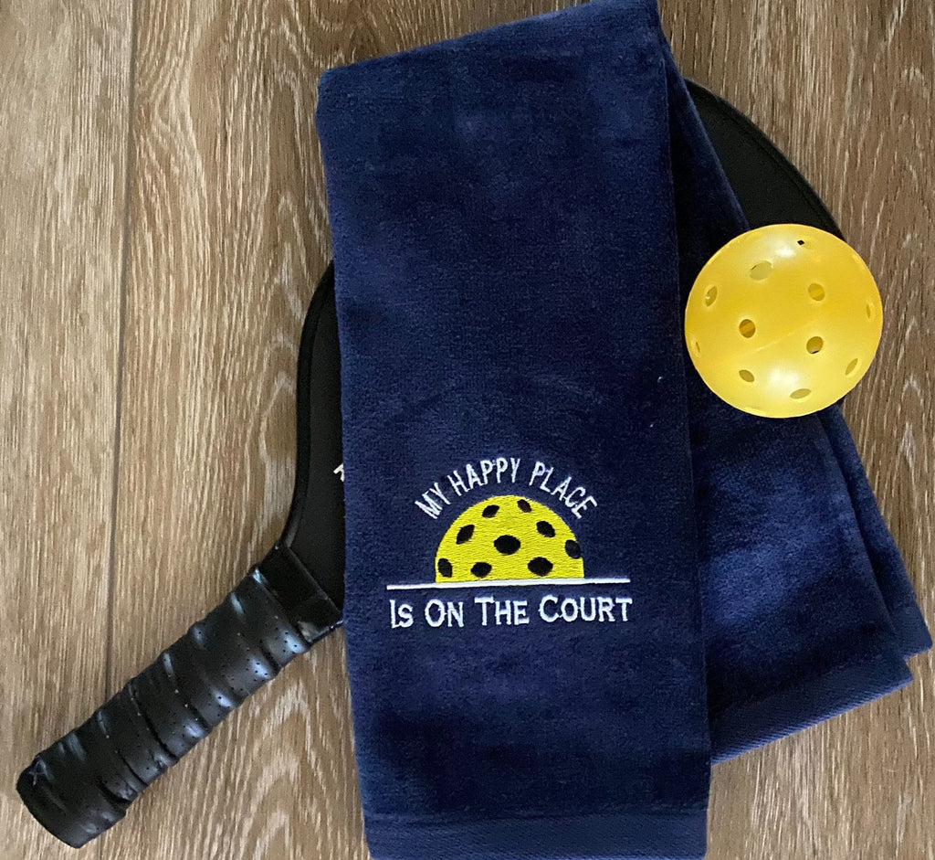 Personalized Pickleball Towel | Embroidered Cotton Sports Gift |My Happy Place is on the Court