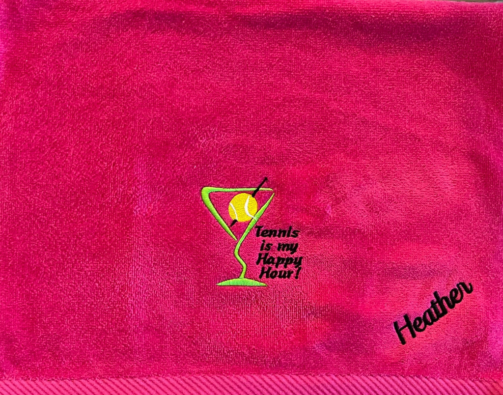 Custom Embroidered Tennis Towel – “Tennis Is My Happy Hour” Gift for Tennis Players