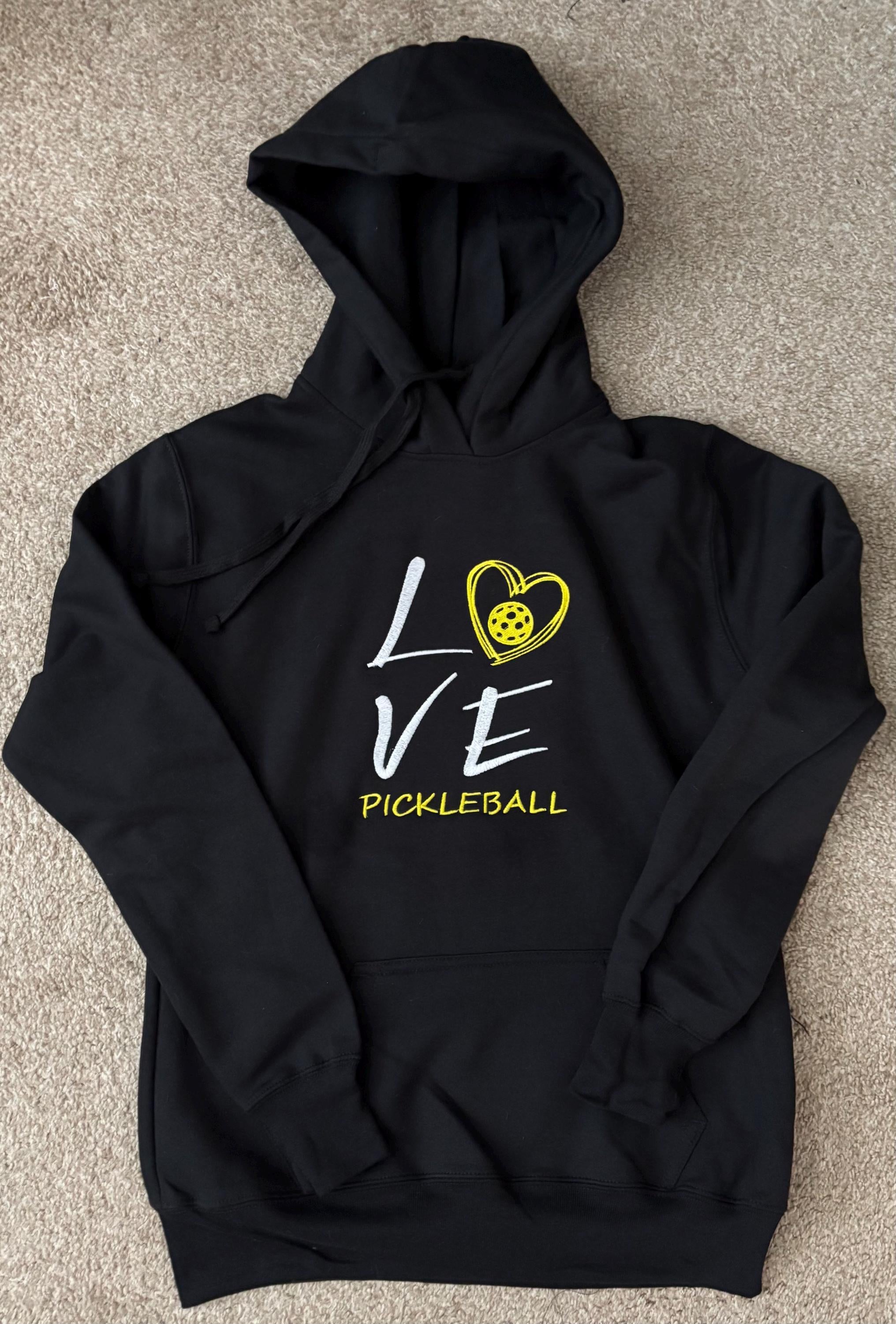 Embroidered Pickleball Hoodie – "Love Pickleball" Design, Cozy Fleece Sweatshirt