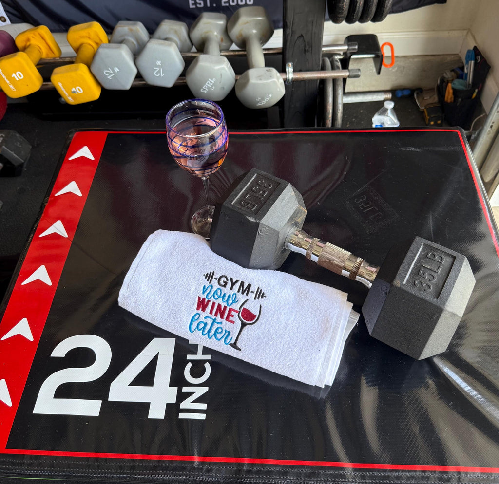 Embroidered Workout Gym Towel - Custom Fitness Towel -Gym Now, Wine later