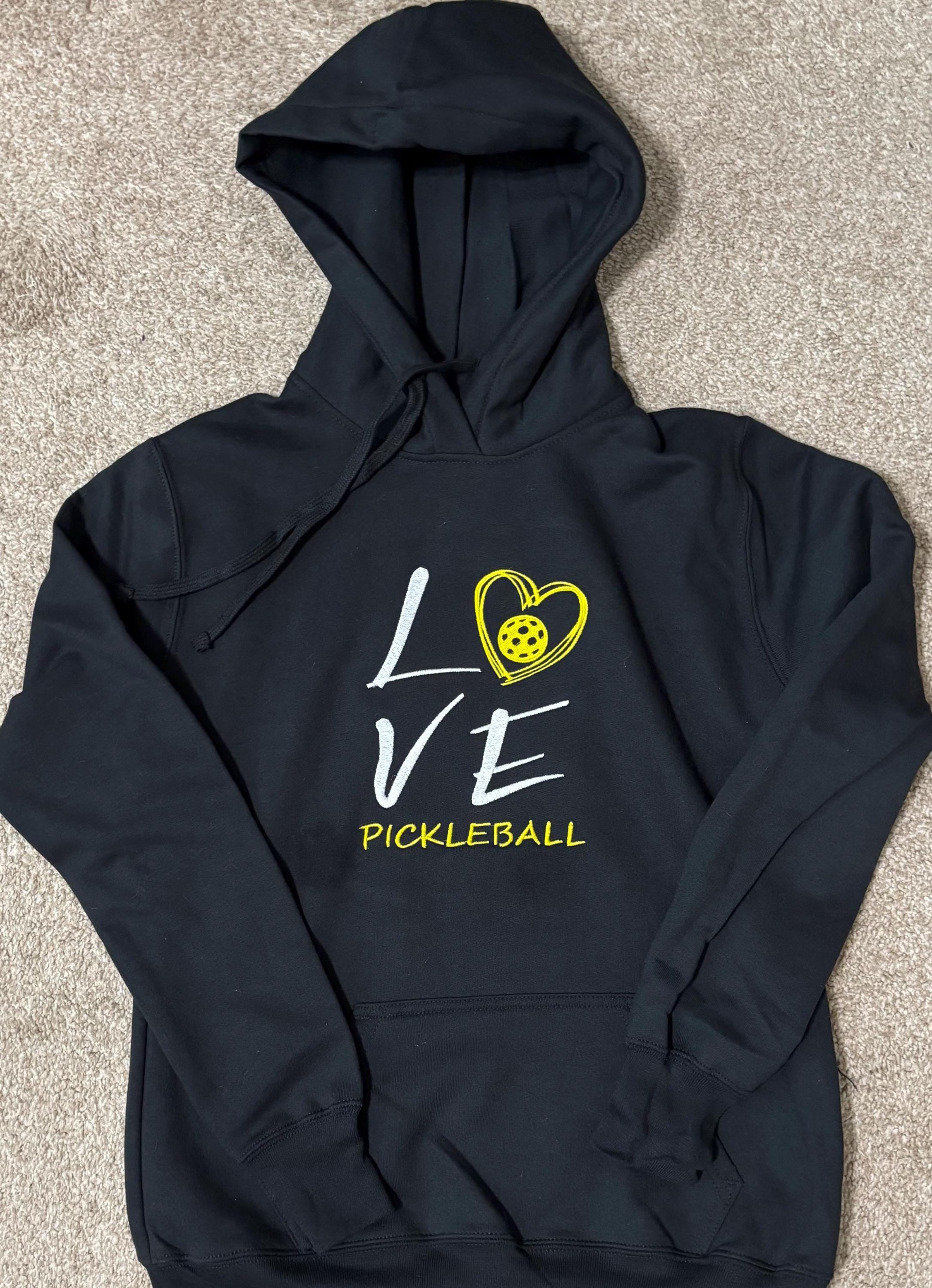 Embroidered Pickleball Hoodie – "Love Pickleball" Design, Cozy Fleece Sweatshirt