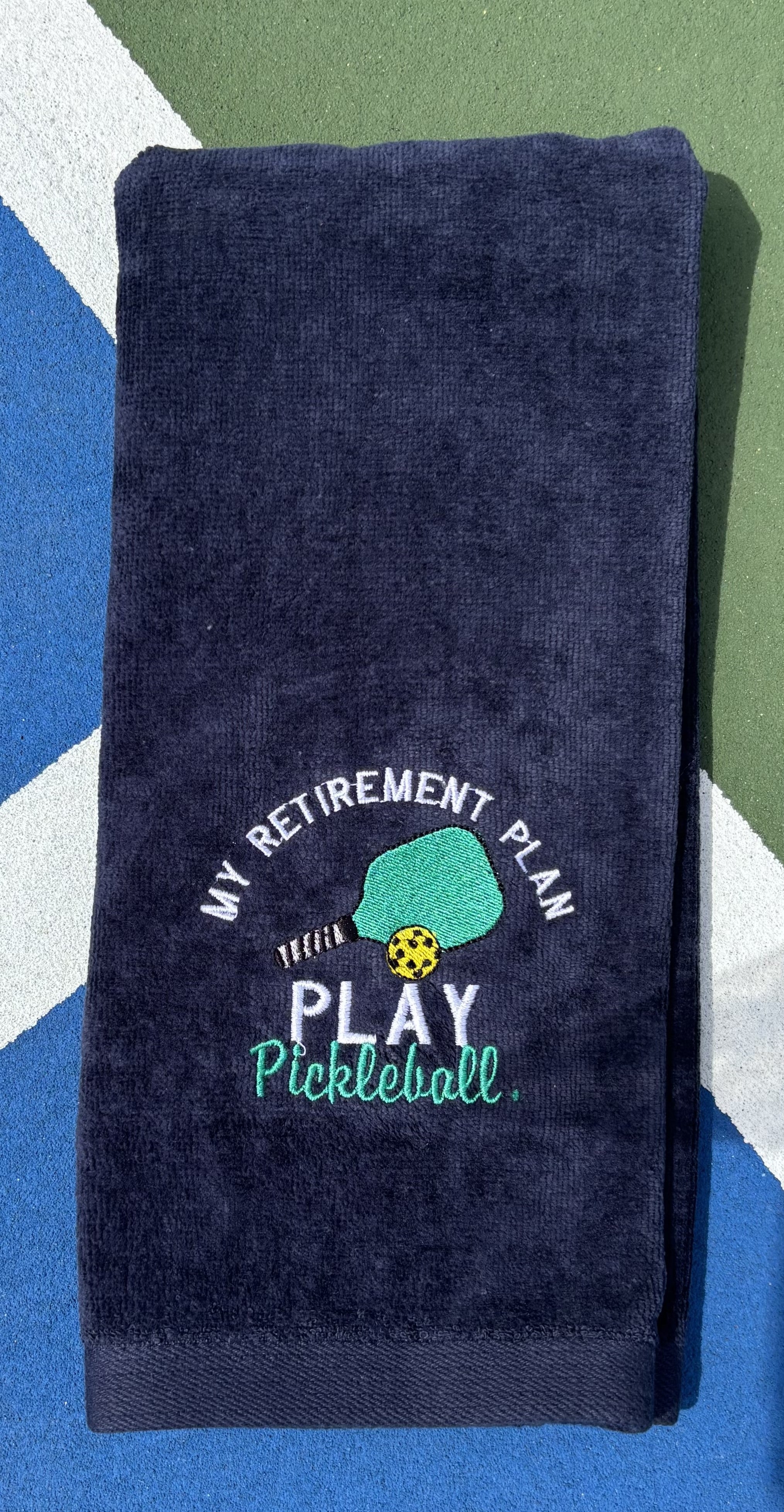 Personalized Pickleball towel-Navy- My Retirement Plan, Play pickleball- Embroidered Towel -